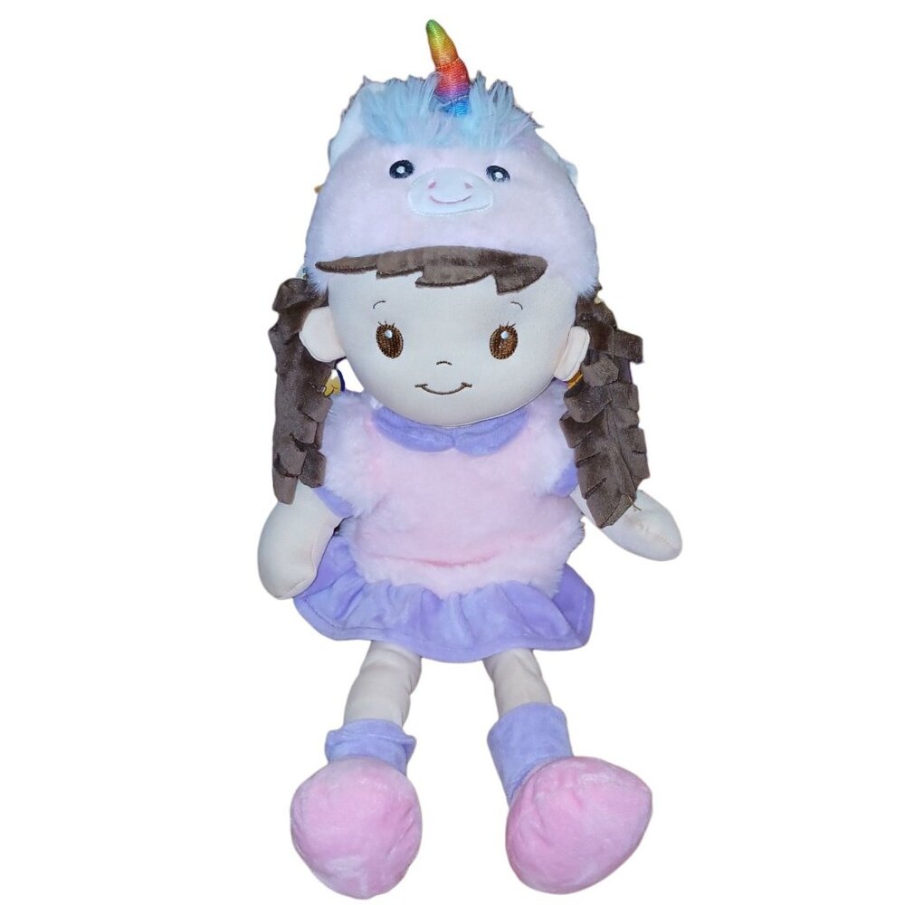 Goffa Doll Plush Pink Purple Dress With Unicorn Hat 21" Stuffed Brown Hair